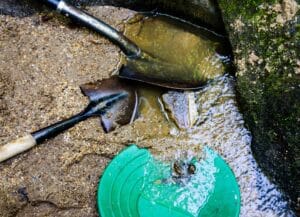 Gold panning and mining in mineral rich riverbed. Gold pan and shovels set in stream. Fun and adventure enjoying the hobby of gold panning.