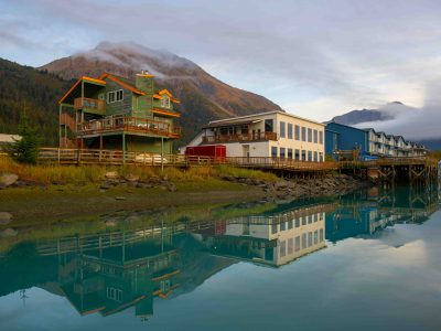 Historic buildings at Seward Boat Harbor in Seward, Kenai Peninsula, Alaska, AK, USA. Seward is a city near Kenai Fjords National Park.