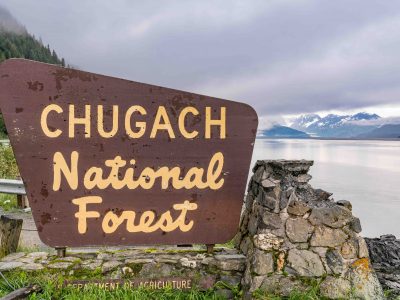 Seward, AK - September 3, 2022: Chugach National Forest road sign along the highway near Seward Alaska